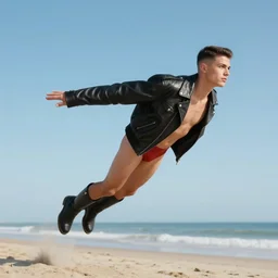 1990's superboy flying above a beach, full body shot, fade hair, black boots, leather jacket, style digital painting, concept art, smooth, sharp focus, illustration, from Metal Gear, by Alex Ross