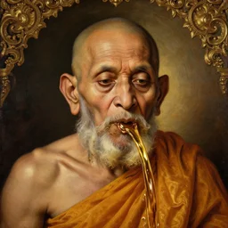 highley detailed potrait of old srilankan buddhist monk liquid gold pouring outof mouth and eyes baroque style, painting by gaston bussiere, craig mullins, j. c. leyendecker, lights, art by ernst haeckel, john william godward, hammershøi,