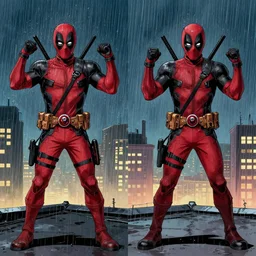 in the style of phil noto comic art, joshua middleton comic art, peyton list black widow and deadpool, two separate characters, deadpool x - men, full body, on a rooftop, smirk, symmetrical eyes, rain, night, rain, symmetrical, action pose, two separate characters, deadpool, artgerm, playful smirk, full body