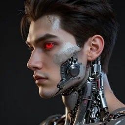 profile of a beautiful! male with red mechanical eye!, hyperrealistic HD 8K raytracing, dark background