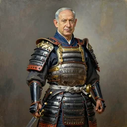 benjamin netanyahu dressed in samurai armor, holding a sword, oil painting