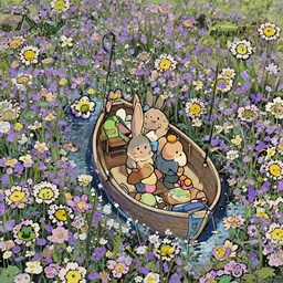 a wholesome cottagecore illistration of a happy rabbit going fishing with his friends in their cute tiny boat, sunny day, studio Ghibli, Pixar and Disney animation, sharp, Rendered in Redshift and Unreal Engine 5 by Greg Rutkowski, Bloom, dramatic lighting