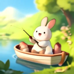 a wholesome cottagecore illistration of a happy rabbit going fishing with his friends in their cute tiny boat, sunny day, studio Ghibli, Pixar and Disney animation, sharp, Rendered in Redshift and Unreal Engine 5 by Greg Rutkowski, Bloom, dramatic lighting