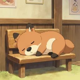 cute coyote sleeping on a bench in a cozy tavern, hidari, color page, tankoban, 4K, tone mapping, Akihiko Yoshida.