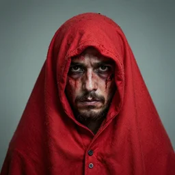 man wearing a red sack over his head, bloody, looking at the camera
