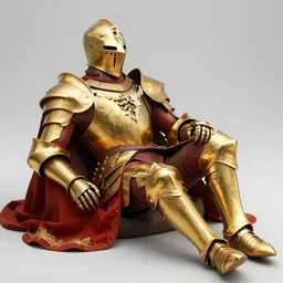a great real life knight in golden red armor made of polished dragon bones looks relaxes, hd 8 k