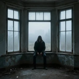 detailed photograph person sitting in front of bay windows abandoned spooky misty ominous well defined