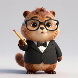 very cute kid's film character anthro brown marmot in a black business tuxedo while holding a pencil wearing glasses, disney pixar zootopia character concept artwork, 3 d concept, detailed fur, animal wearing a suit, high detail iconic character for upcoming film, trending on artstation, character design, 3 d artistic render, highly detailed, octane, blender, cartoon, shadows, lighting