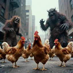 still image taken from sci fi horror movie of chickens and monsters appear in the city. low camera angle. 1 9 6 0.