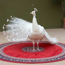 a white peacock plays with a yo - yo on a round red striped rug