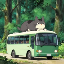 digital illustration anime cat as bus in the forest, by miazaki, by leiji matsumoto