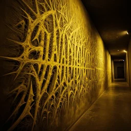 intricate, highly detailed, sharp, yellow, mysterious jagged extraterrestrial writing, on the wall of a long triangular corridor, cinematic, dramatic lights scene