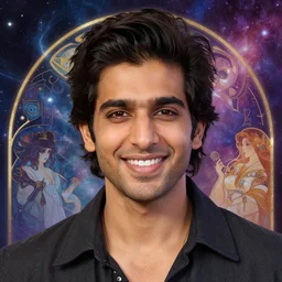 close up portrait, friendly avan jogia prince mage, abstract storm and galaxy background, alphonse mucha, rhads, ross tran, artstation, artgerm, octane render, 1 6 k