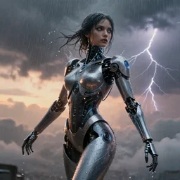 a biblical diabolical beautiful female cyber robot girl, rainy, shiny hi tech armor, dynamic pose, splashing, heavy eyes to the side, glowing veins, in clouds, rain and lightning storm, sunset, portrait, by gerald brom, by mikhail vrubel, by peter elson, muted colors, extreme detail, reflections, trending on artstation, 8 k