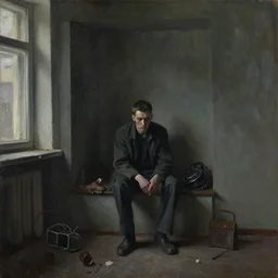 dark oil painting of a gaunt man sitting in soviet appartment alcove on an apartment, surrounded by decrepit things