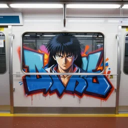 tetsuo from akira painting graffiti in a subway train in neo tokyo, post apocalyptic scene, katsuhiro otomo, high detail, 4 k