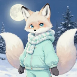 aesthetic portrait commission of a albino cute furry anthro winter fox wearing a cute mint colored cozy soft pastel winter outfit with the full moon in the background , soft snowy winter Atmosphere. Character design by charlie bowater, ross tran, artgerm, and makoto shinkai, detailed, inked, western comic book art, 2021 award winning painting
