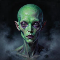 a neoclassicist close - up portrait of a green and purple phantom with hyperrealist lovecraftian features. reflective alien technology. head and shoulders. foggy black background with dark puffy glowing clouds. highly detailed science fiction painting by norman rockwell, frank frazetta, syd mead and moebius. rich colors, high contrast, gloomy atmosphere, dark background. trending on artstation.