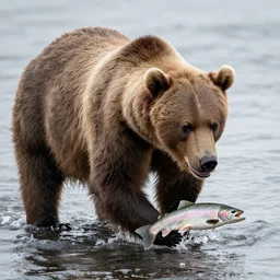 a big fat brown bear hunting for salmon