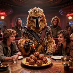 return of the jedi but Jabba is eating meatballs at the cantina, Greg Rutkowski, Darek Zabrocki, Karlkka, Jayison Devadas, Phuoc Quan, trending on Artstation, 8K, ultra wide angle, pincushion lens effect.