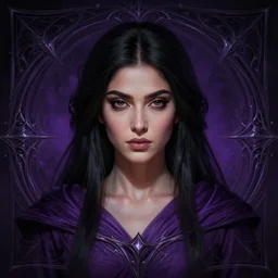 head-on centered symmetrical painted portrait, Amita Sumar as a Sorcerer, black hair, purple robes, dramatic lighting, intricate, fantasy, intricate, elegant, highly detailed, digital painting, smooth, sharp focus, illustration, dramatic lighting, artstation, in the style of Artgerm and Anna Podedworna