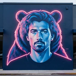 neon art mural with portrait and a bear