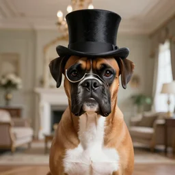 3d render of a boxer dog wearing a top hat and a monocle, blurred background of a fancy house