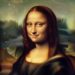sharp, intricate fine details, breathtaking, digital art portrait of a red haired girl with green eyes softly smiling in a dreamy, mesmerizing scenery with fireflies, art by leonardo da vinci