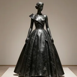 extremely beautiful well lit fashion photo of a female statue wearing a neoprene asymmetrical ballgown in the style of rei kawakubo, yohji yamamoto, japanese avant garde fashion, statue, black marble, carving, glossy, vogue, beautiful lighting, clear, sharp focus, depth of field, portrait, editorial, vogue