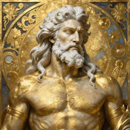 painted portrait of rugged zeus, god of thunder, greek god, white hair, masculine, mature, handsome, upper body, gold, virile, muscular, hairy torso, fantasy, intricate, elegant, highly detailed, digital painting, artstation, concept art, smooth, sharp focus, illustration, art by gaston bussiere and alphonse mucha