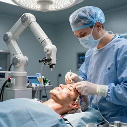 a face transplant in an operating room with robotic surgeons with a lot of circuits and wires, photorealistic, by wlop, 4 k resolution