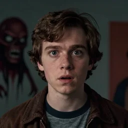 a scene from stranger things, portrait, dark, with a surprised man, detailed face, with something scary in the background, like greg rutkowski and victo nagi