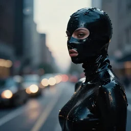 beautiful female body silhouette, beautiful portrait, photography by amy leibowitz and filip fedorov, black latex female balaclava, female calendar, body painted with black fluid, urban city photography, close up portrait, cinematic still, film still, magic hour, dark mood, fashion portrait, cold colors, sony, kodak, long exposure, golden particles, bokeh