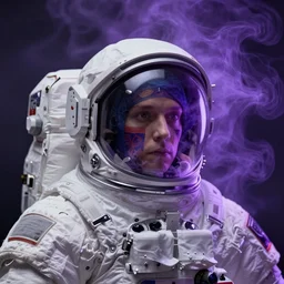 A mystical mesmerizing 8k hyperrealistic Photo Portrait of an astronaut wearing an astronaut helmet, transforming into a purple haze, soft, sharp focus, detailed, art by Greg Rutkowski and artgerm and Alphonse Mucha