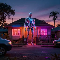 cybernetic neon lit ndebele homestead seen from the front, street scene in blade runner, highly detailed, octane rendered