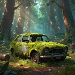 a abandoned ruined and mossy car in the middle of a forest near some dirty barrels, pixar and disney style, fantasy, digital art, digital painting, masterpiece, high quality, highly detailed, high coherence, path traced, bloom, godrays, complementary colors, apocaliptic ambient, beautiful, elegant, symmetrical