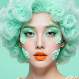 facial portrait of a beautiful humanoid made of gelatin with mint smeared makeup, cotton candy curly hair, orange lips, mint background, deep focus, intricate, elegant, haribo, candy, highly detailed, photo, 9 0 s, artstation, 8 k, sharp focus, subsurface scattering, global illumination, radiant