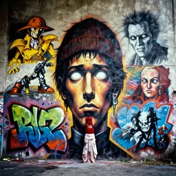 a photograph of Japanese graffiti art in 1977, dramatic masterpiece by Beeple, James Jean, Jamie Hewlett, Metal Slug concept art, Metal Gear Solid concept art, Silent Hill concept art, 4k wallpaper, surrealism