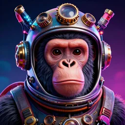 movie poster of a surprised ape head with a steampunk space helmet with multicolored glowing tubes and cables, crisp, trippy, fluorescent colors, insanely detailed, 3 d render, front shot, 3 5 mm