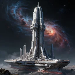 highly detailed cinematic scifi render of a 3 d sculpt of a cyberpunk john harris'aircraft carrier tower'megalithic tower structure city in space, beeple, halo, star wars, ilm, star citizen, halo, mass effect, high tech industrial, artstation unreal, dramatic powerful nebula, 4 k, 8 k, hd