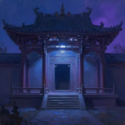 a beautiful painting of a dimly lit temple with blue and purple sources of light by bruce pennington, trending on artstation