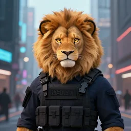 beautiful furry art portrait commission of a male furry lion fursona wearing a tactical swat uniform in the streets of a cyberpunk city at night in the snow. neon signs. character design by charlie bowater, ross tran, artgerm, and makoto shinkai, detailed, inked, western comic book art