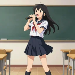 school girl playing singing, school uniform, seifuku, pleated miniskirt, overknee socks, battle angel alita. by rembrandt 1 6 6 7, illustration, by konstantin razumov