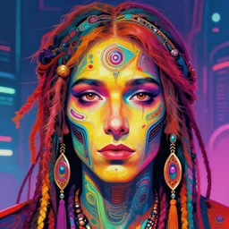 colorful portrait of a hippie from the future, set in the future 2 1 5 0 | highly detailed face | very intricate | symmetrical | professional model | cinematic lighting | award - winning | painted by mandy jurgens | pan futurism, dystopian, bold colors, cyberpunk, groovy vibe, anime aesthestic | featured on artstation