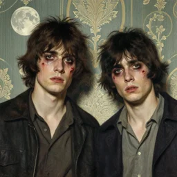 two handsome but sinister young men in layers of fear, with haunted eyes and wild hair, 1 9 7 0 s, seventies, wallpaper, a little blood, moonlight showing injuries, delicate embellishments, painterly, offset printing technique, by coby whitmore, jules bastien - lepage