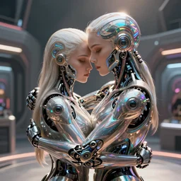 robot hugs on the platform, female face, cyberpunk cyborg, sci - fi, intricate abstract upper body intricate artwork, by tooth wu, wlop, beeple, dan mumford. concept art, octane render, deviantart, greg rutkowski, cinematic arthouse, key art, hyper realism, iridescent accents