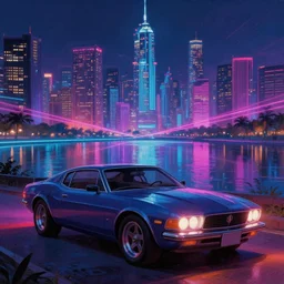 a beautiful ultradetailed painting of city car by asher brown durand, wilderness retrowave at night magic realism anime lake laser tron san andreas gem bladerunner 2 0 4 9, archdaily, wallpaper, highly detailed, trending on artstation.