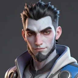 overwatch concept art character portrait of a new character who is a young pale man with slicked back hair with soul patch beard and long crooked nose and gaunt cheeks, trending on artstation, cgsociety,