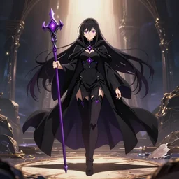 an attractive anime female necromancer mage symmetrical, donned in black cloak with purple staff full body in frame