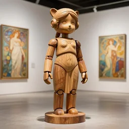 octane render ultra photorealistic hyper detailed, a very very cute wooden mystical statue robot of the roman godess natural, trending on cgsociety, in a contemporary art gallery in neo tokyo artwork by alphonse mucha